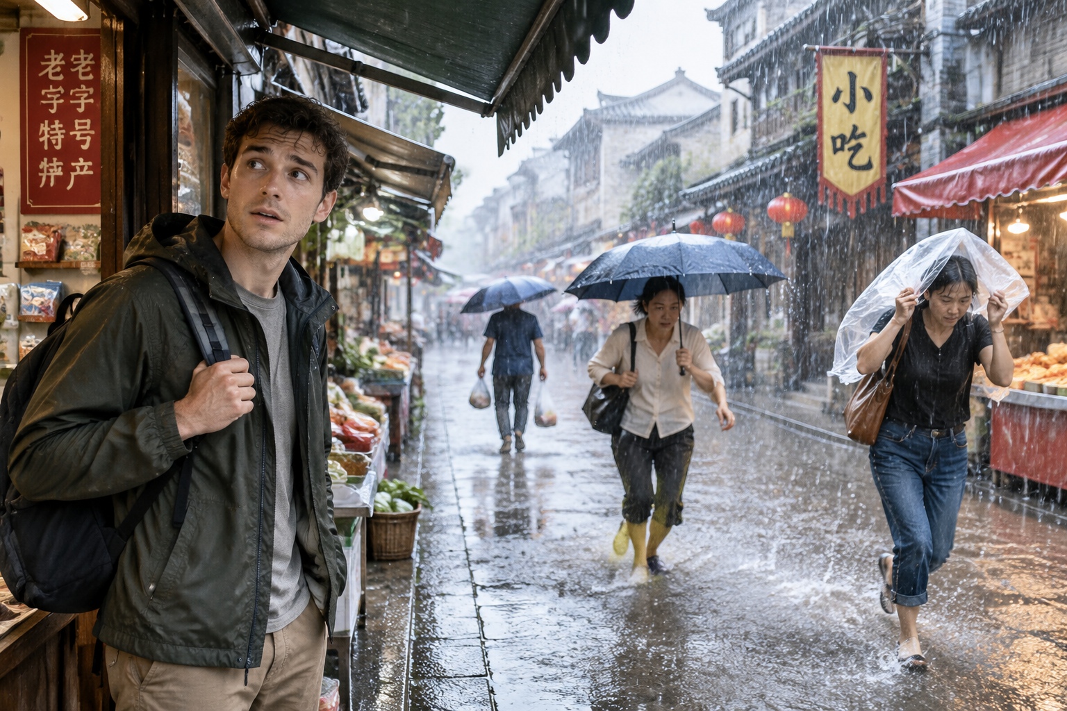 A foreign traveler standing under a shop awning during a heavy rainstorm in a narrow Chinese street market alley