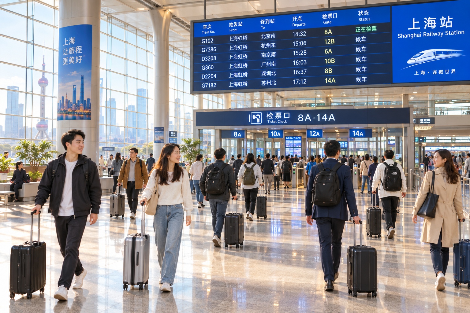 Travelers navigating through a modern high-speed rail terminal in Shanghai with digital departure screens overhead