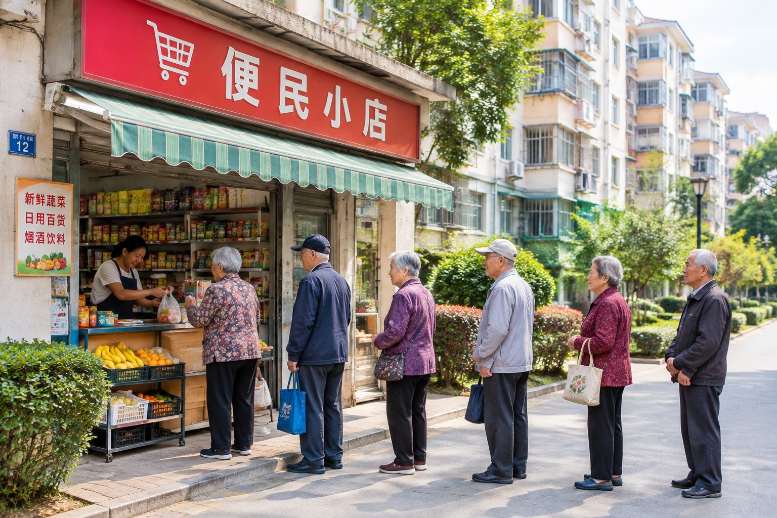 A line of elderly locals waiting outside a small, unassuming eatery in a Chinese residential neighborhood.