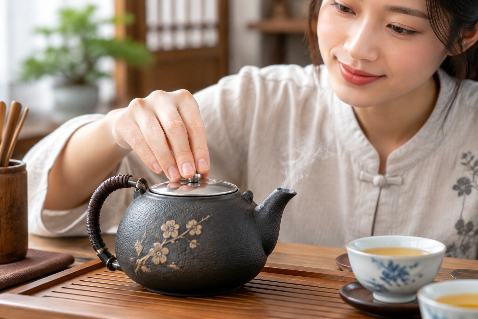 A close-up view of a hand tapping a metal teapot lid on a ceramic cup in a traditional Chinese tea house to signal for more water