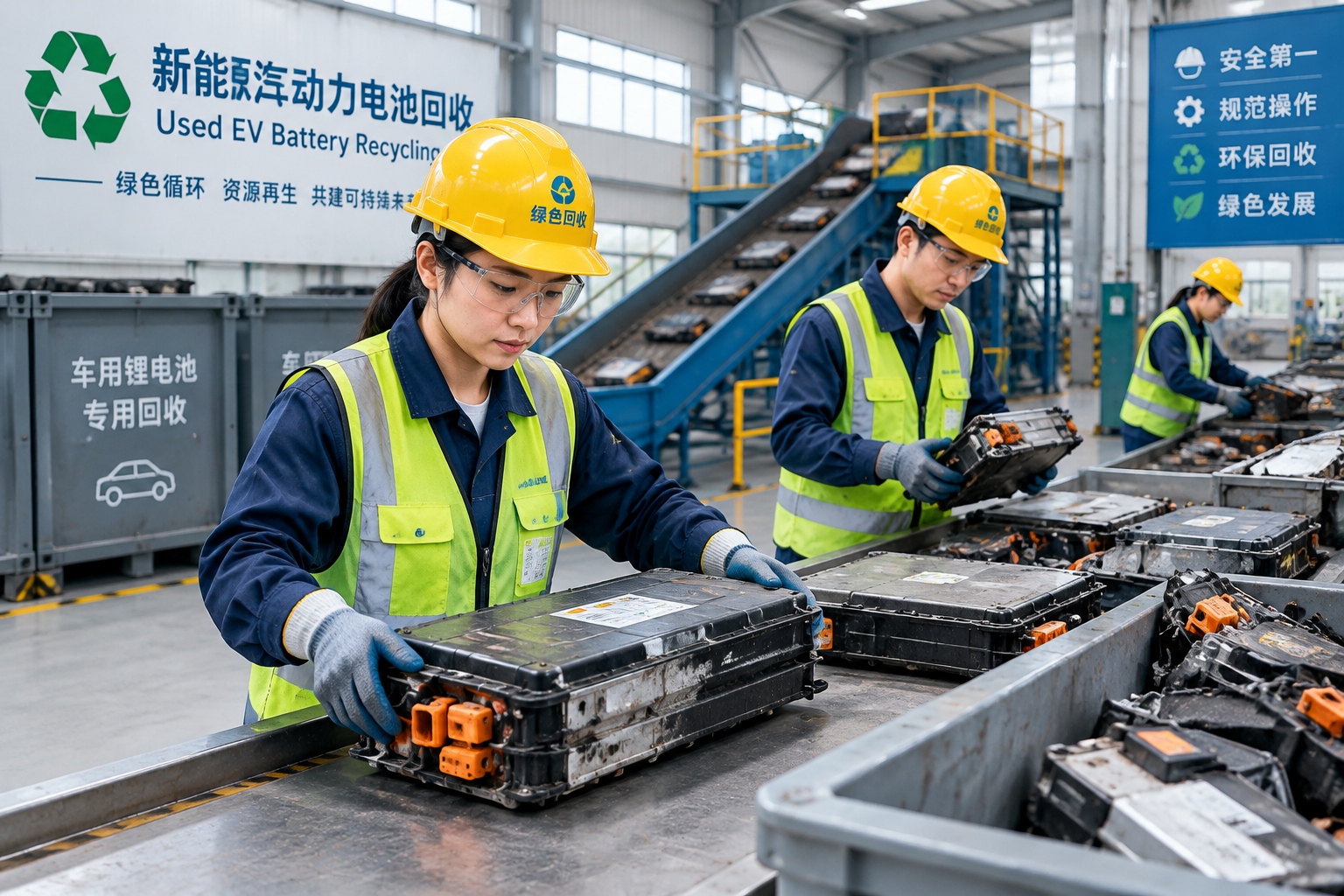 Workers in a specialized facility sorting spent electric vehicle batteries for recycling