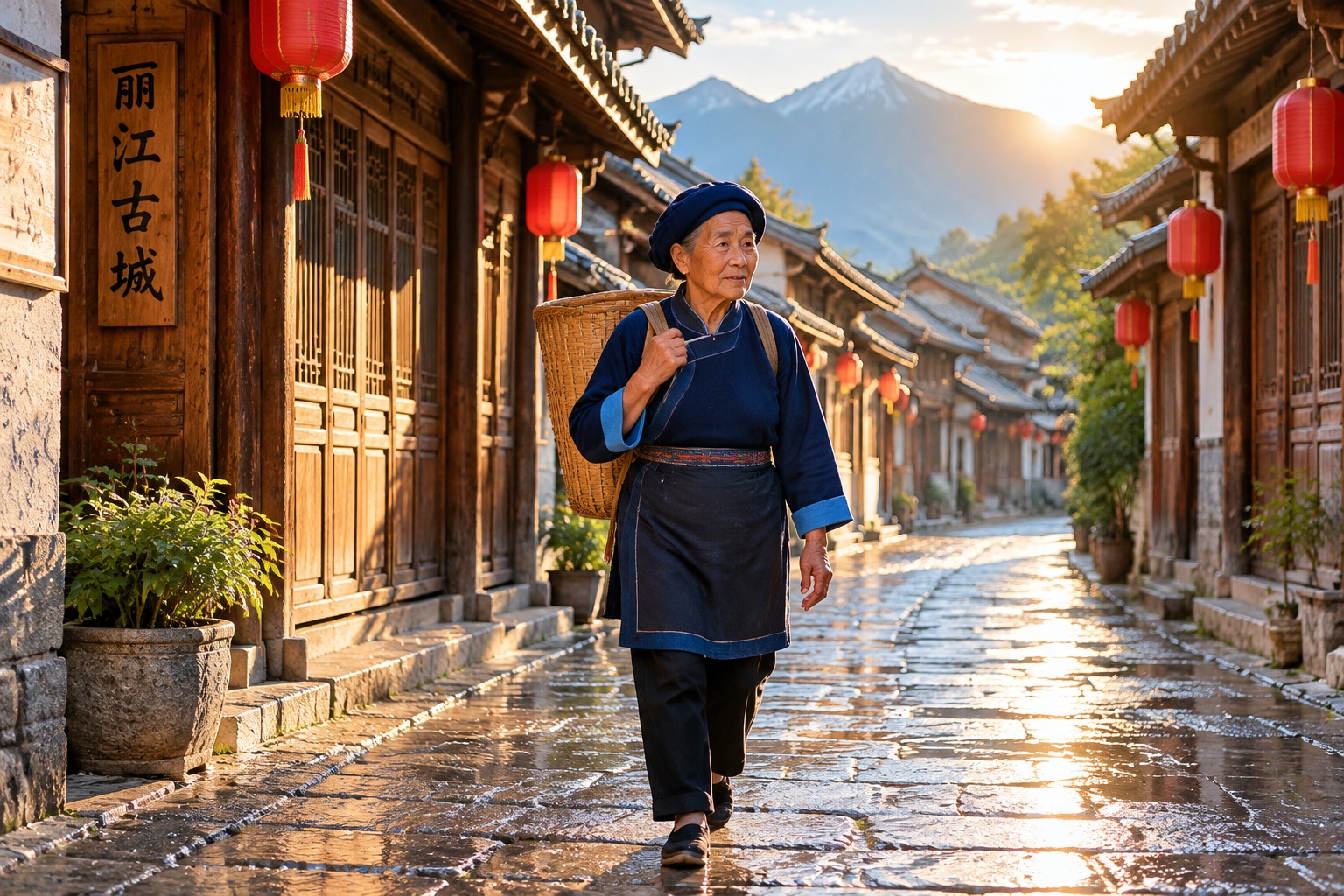 Naxi elder walking through a quiet Lijiang Old Town alley in the early morning carrying a woven basket