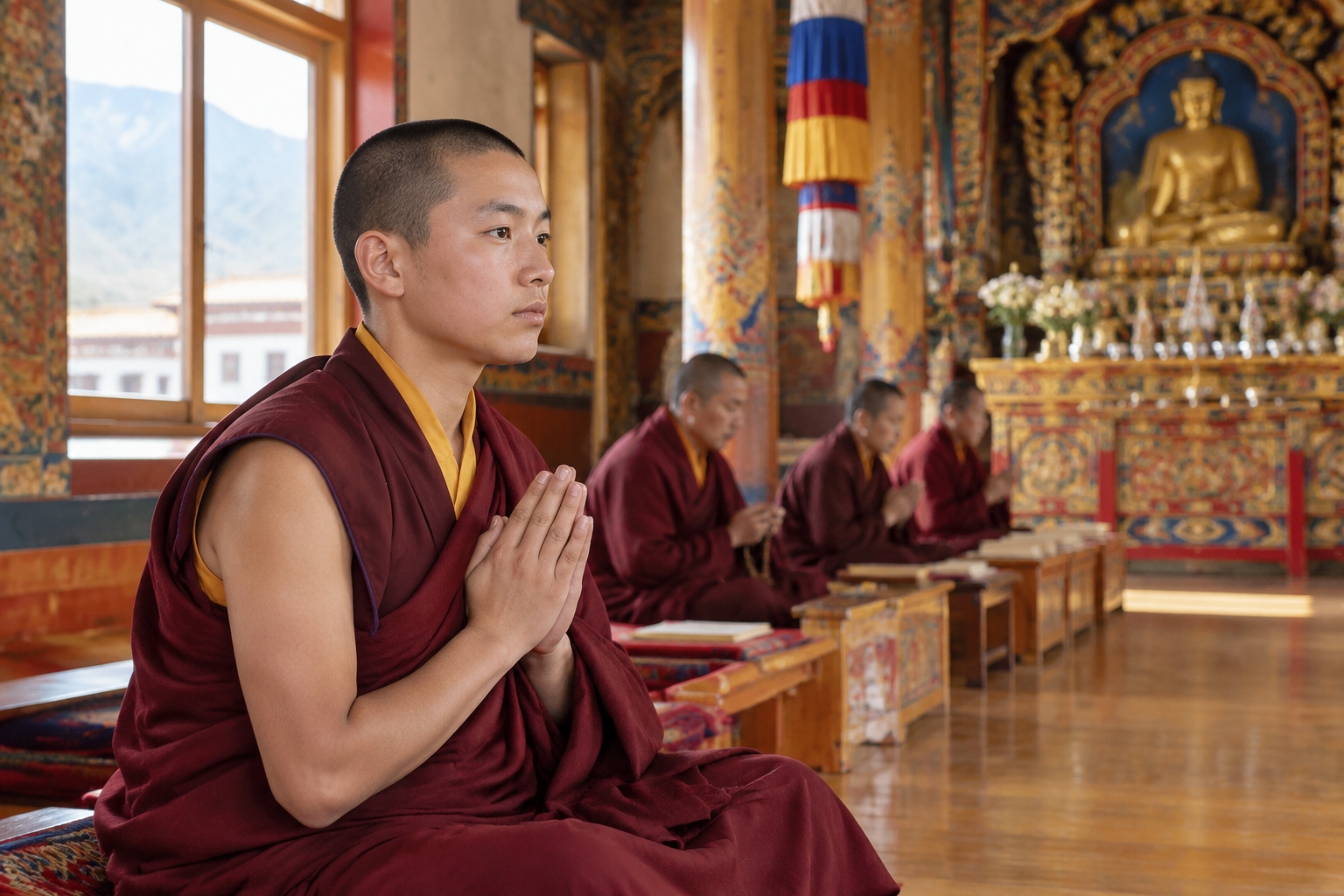 Interior of a traditional Chinese monastery showing monks in prayer, highlighting cultural sensitivity regarding photography