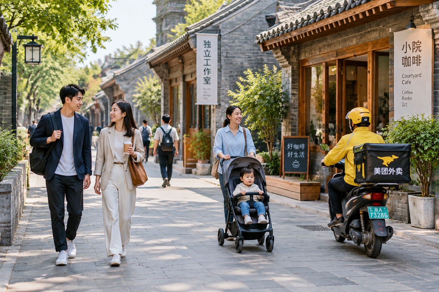 Modern and traditional architecture coexisting in a regenerated Chinese urban walking street with locals and visitors
