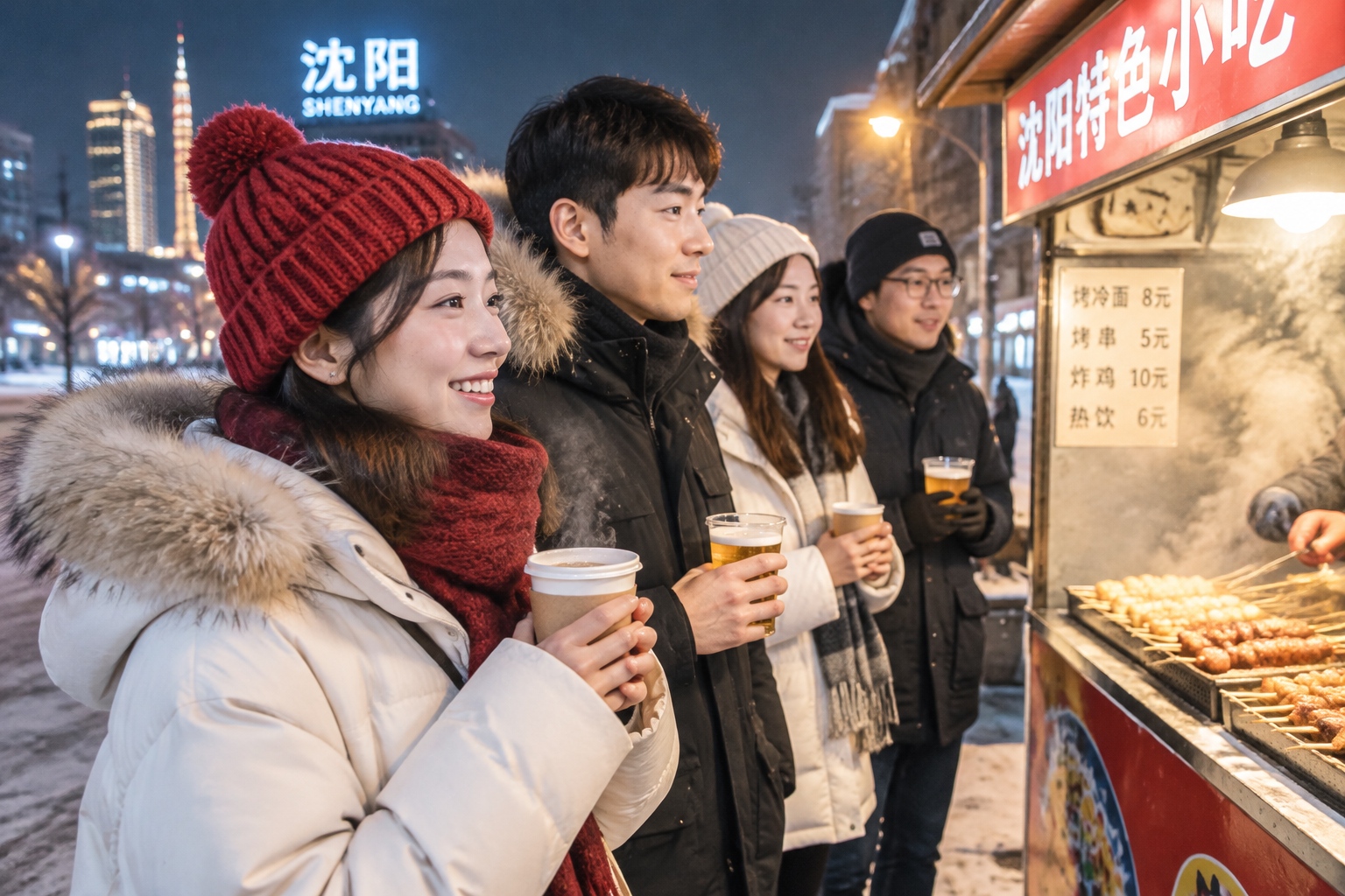 People in thick winter coats queuing outside a dimly lit Chinese street food stall at night, steam rising from the cooking area