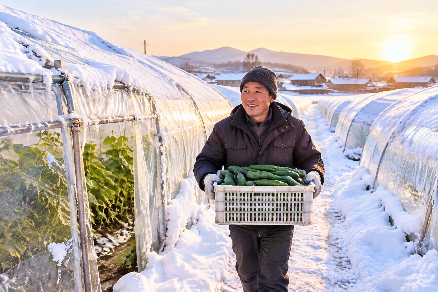 Snow-covered vegetable greenhouses in rural Shandong, China, with a farmer carrying a crate of fresh cucumbers