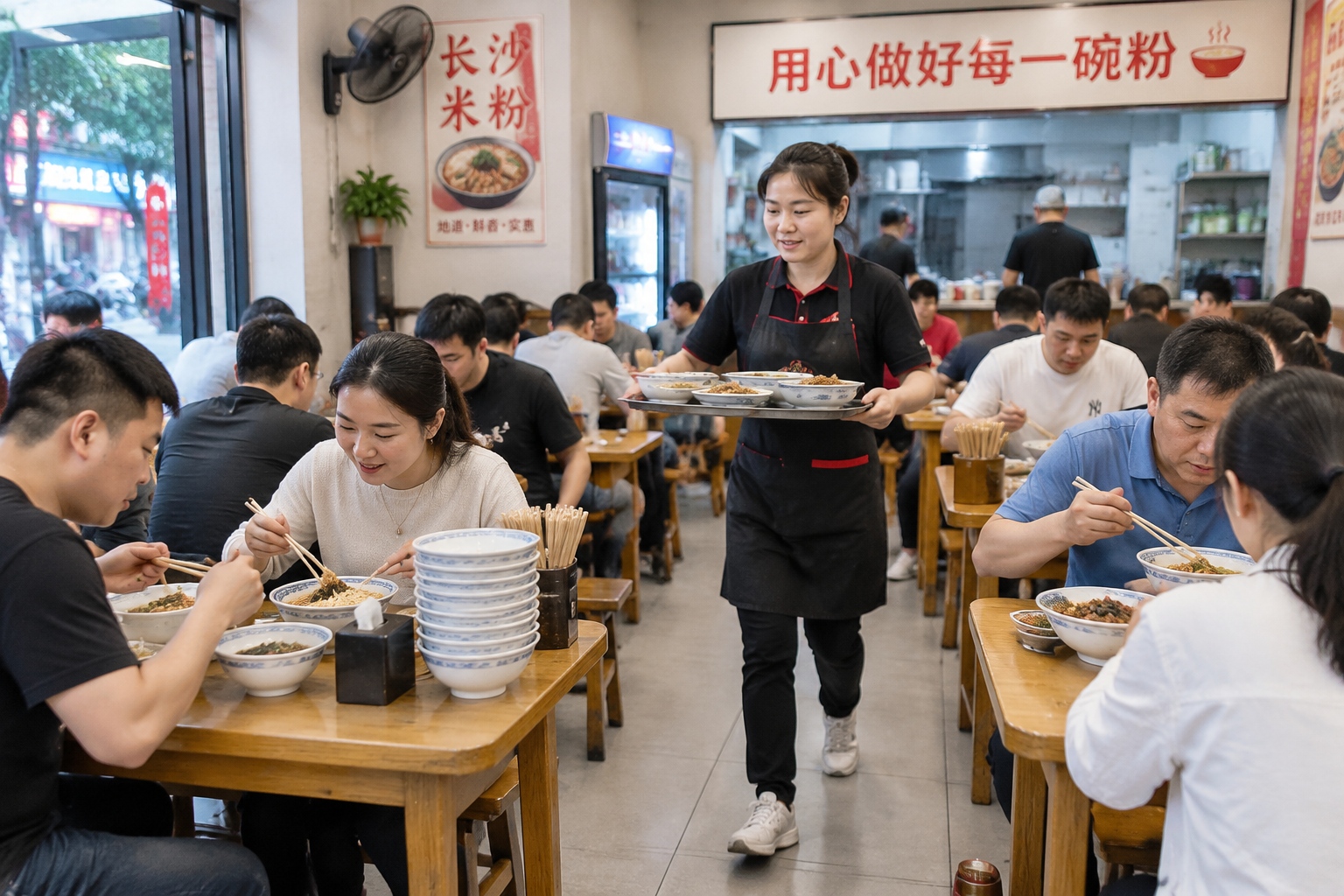 Bustling interior of a local restaurant in Changsha with diners enjoying home-style meals