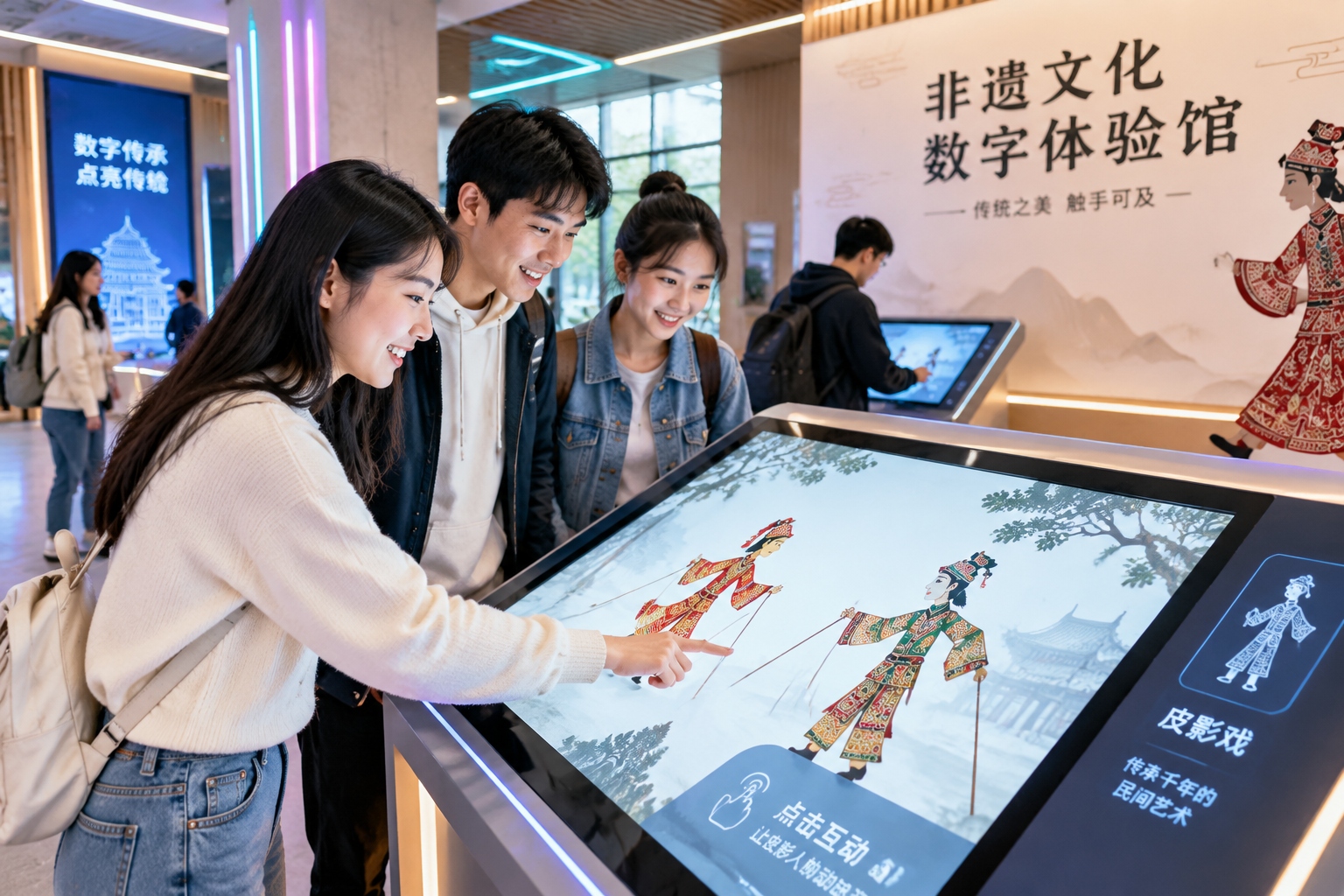 Dancing Shadows: How a Young Beijing Artisan is Bringing Ancient Chinese Shadow Puppetry into the Digital Age 23 Visitors in a modern Chinese cultural hub watch young performers operate interactive shadow puppetry displays on large touchscreens.