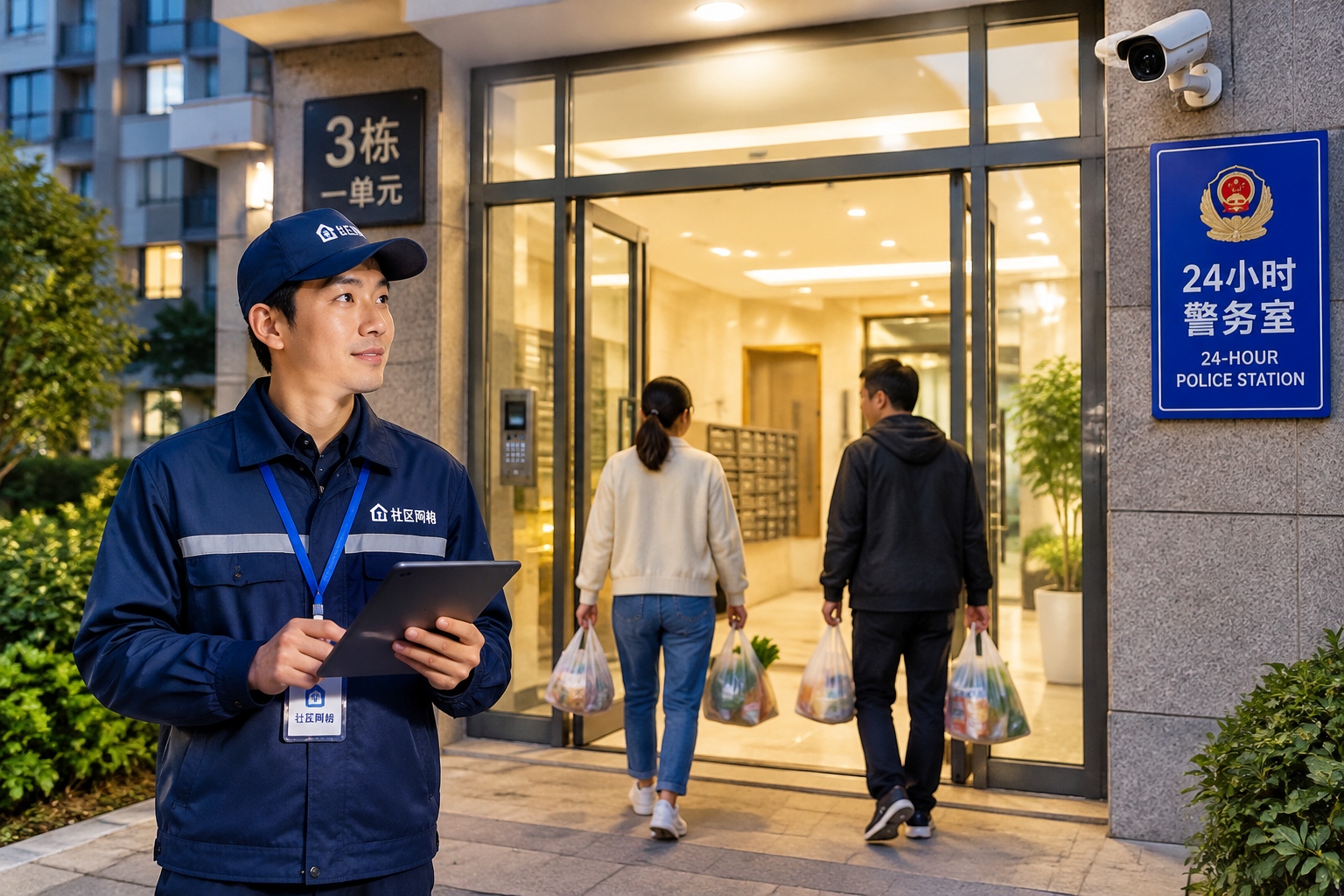 A community worker checks a residential entrance at night near a brightly lit 24-hour police station in a Chinese city, showing how neighborhood safety is managed at street level.