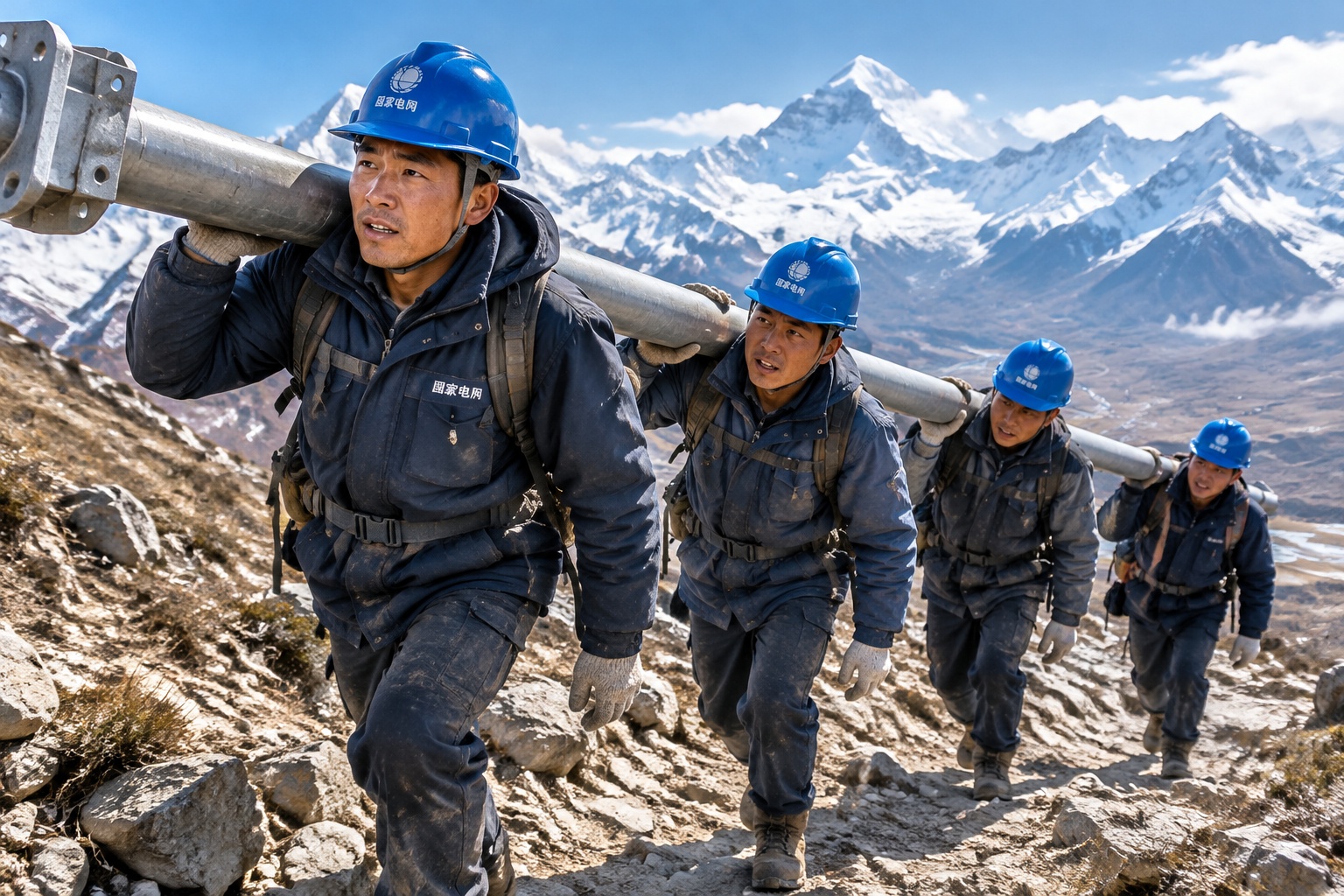 Chinese electrical workers carrying a power pole through the mountains of Tibet during grid extension in remote areas