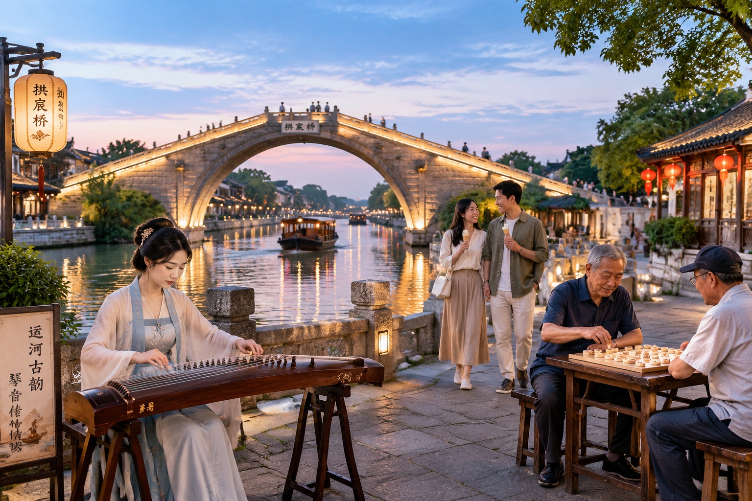 Gongchen Bridge in Hangzhou at dusk, with people enjoying leisure activities along the Grand Canal waterfront.
