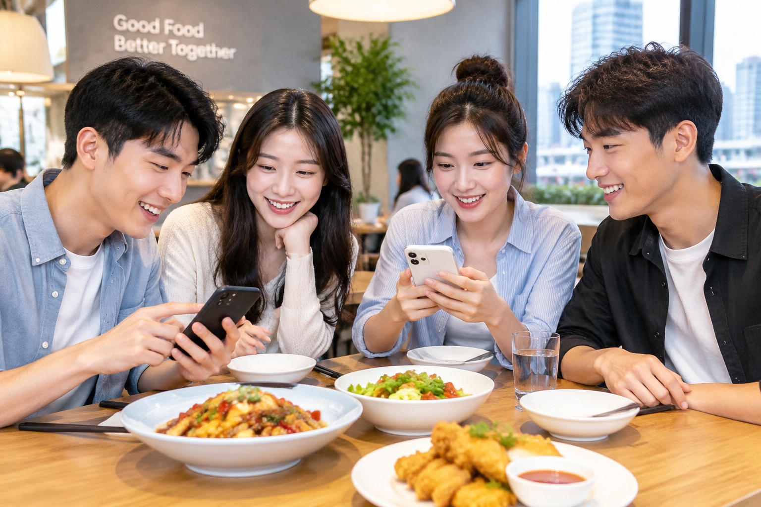 Young Chinese people enjoying a casual dining experience in a modern city restaurant, blending traditional social values with modern efficiency.