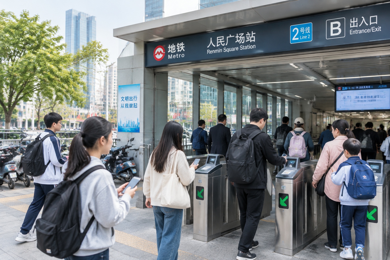 Crowded subway entrance in Beijing with commuters using smartphones for entry pass access