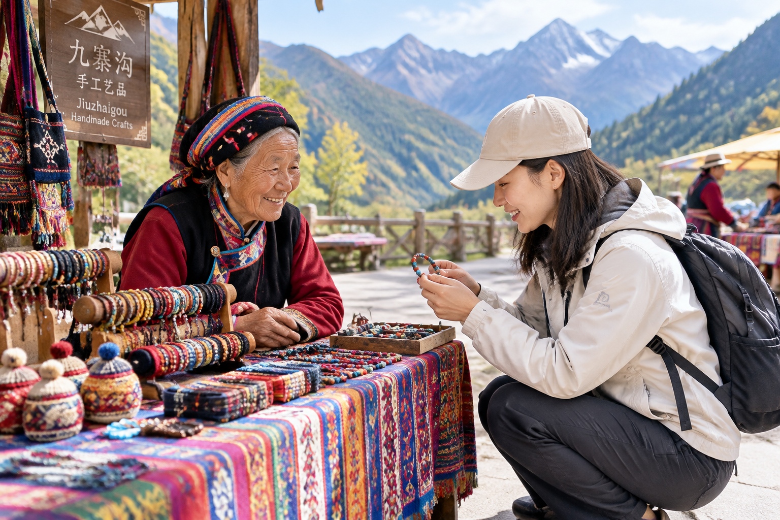 An elderly Tibetan woman selling handmade crafts to a young tourist at a market near Jiuzhaigou.