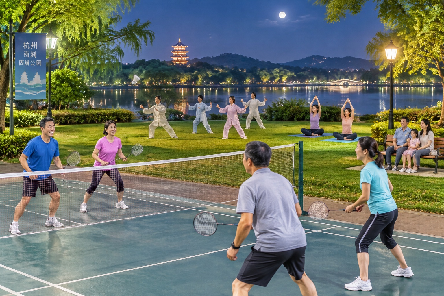 Residents enjoying evening leisure activities like badminton and yoga in a public park in Hangzhou