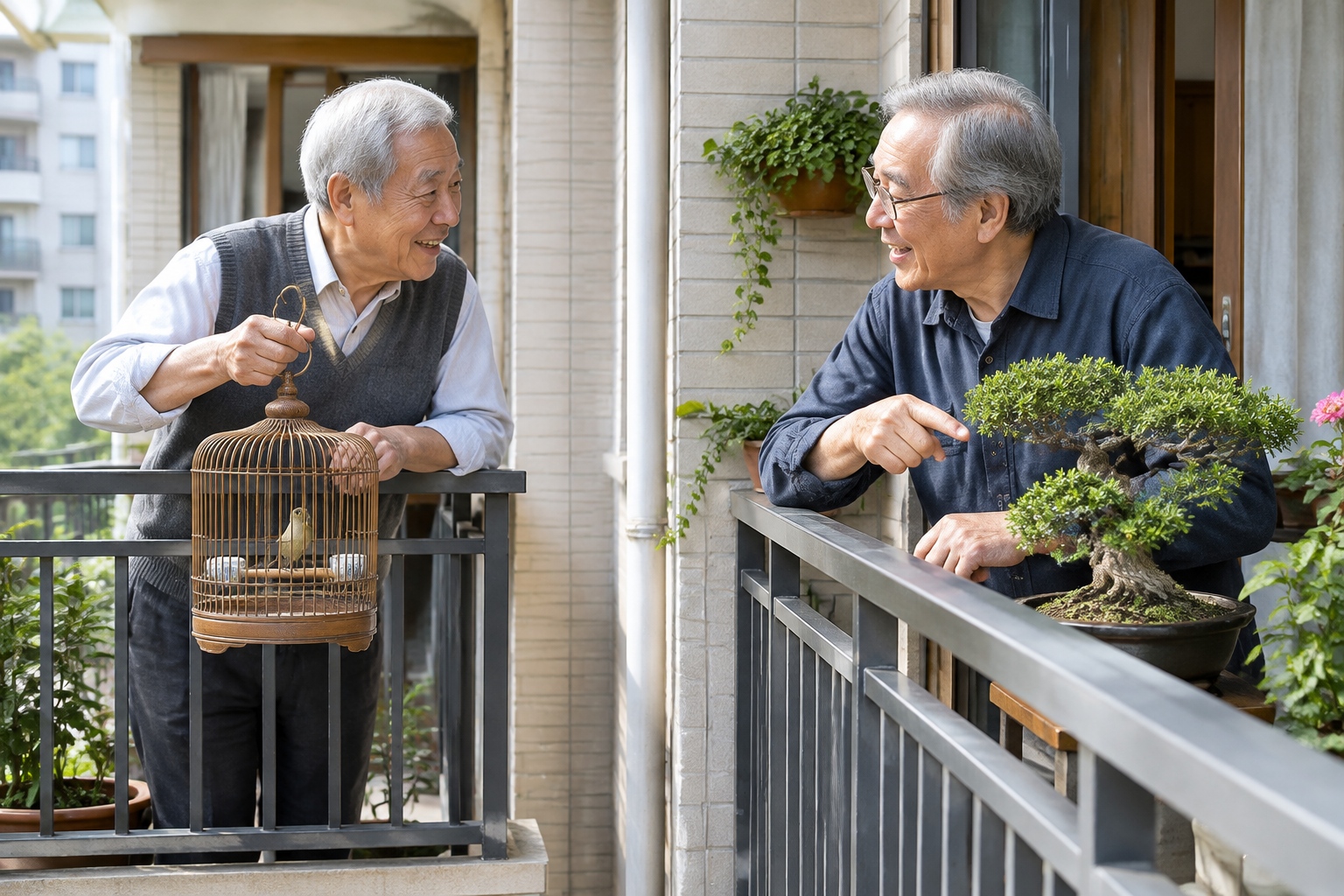 Two Chinese grandpas chatting between their balconies, exchanging tips on bonsai and bird care in a residential complex.